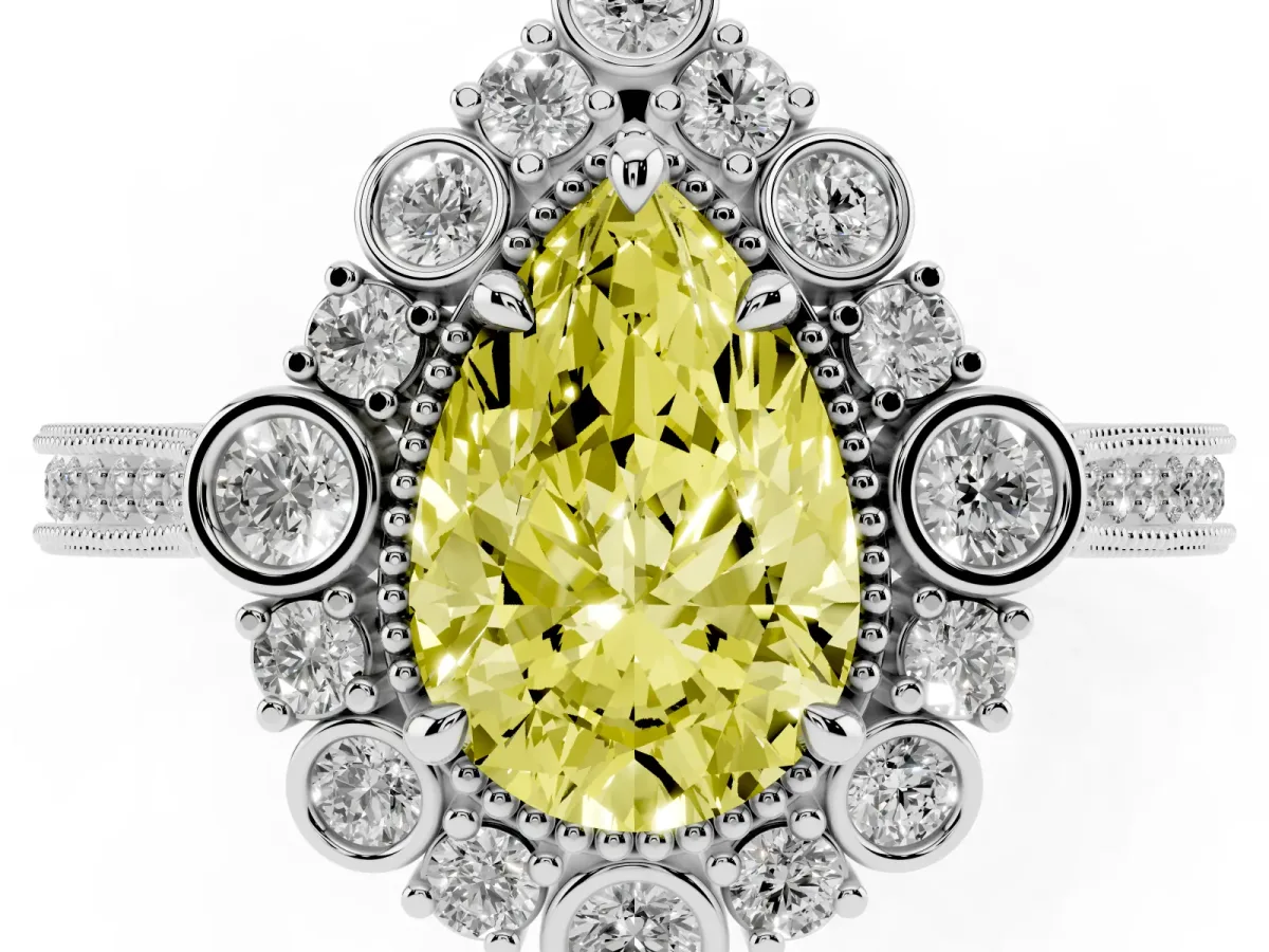 Fancy Yellow Pear Cut Halo Milgrain Pave Diamond Ring with Four-Prong Setting Silver