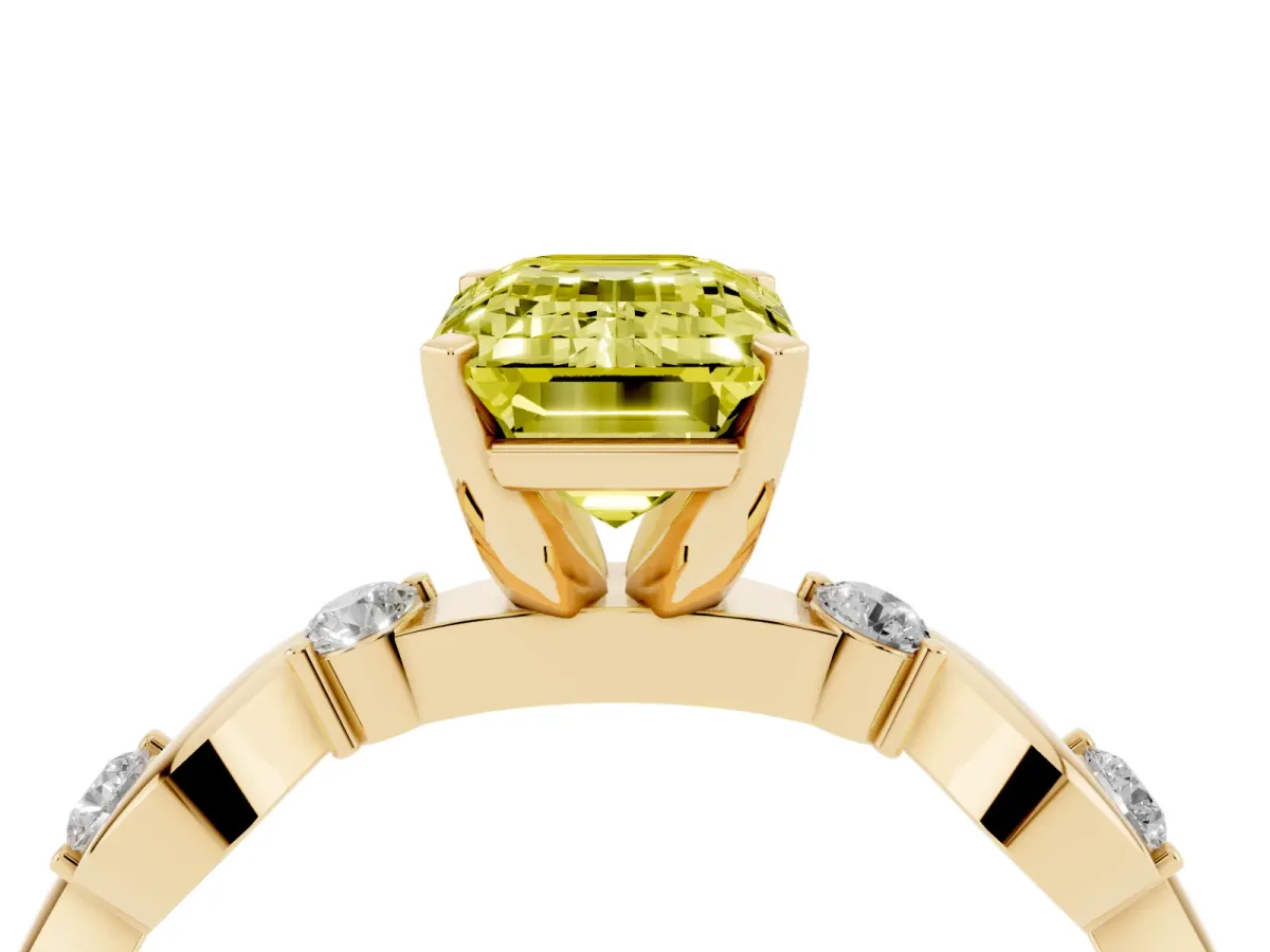 Fancy Yellow Emerald Cut Diamond Solitaire Twisted Band with Round Accents and Prong Setting Yellow gold