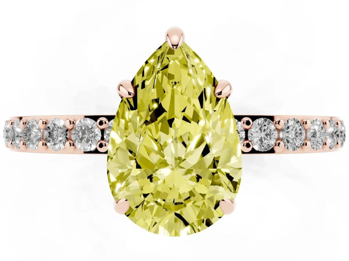 Fancy Yellow Pear Cut Diamond Pavé Engagement Ring with Round Accents and Prong Setting Rose gold