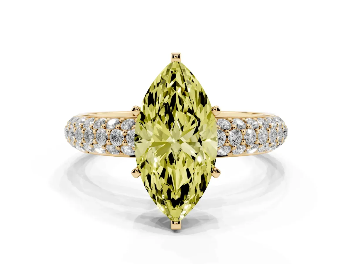 Fancy Yellow Marquise Cut Diamond Solitaire Ring with Prong Setting and Pavé Band Yellow gold