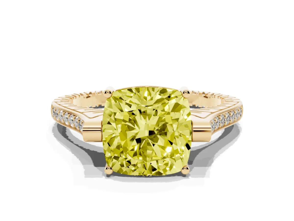 Fancy Yellow Cushion Cut Solitaire Diamond Ring with Channel Set Band and Bezel Prong Setting Yellow gold