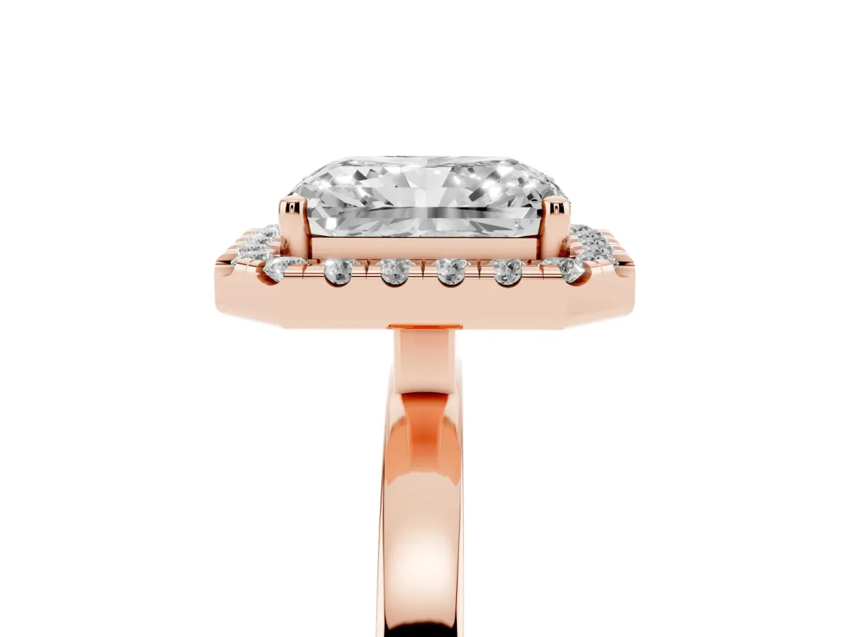 Radiant Cut Halo Diamond Solitaire with Pavé Band and Four-Prong Setting Rose gold
