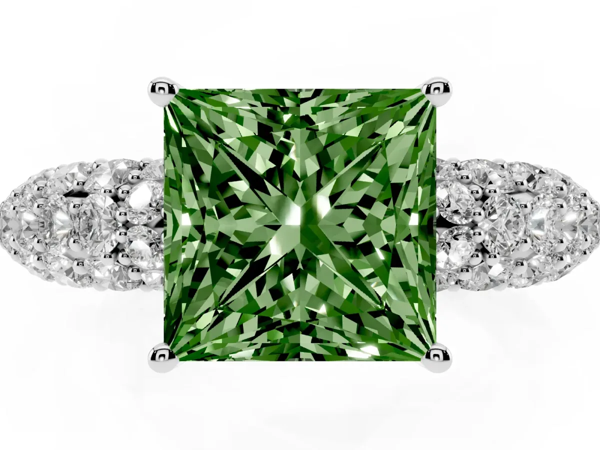 Fancy Green Princess Cut Diamond Pavé Band Solitaire Ring with Four-Prong Setting Silver