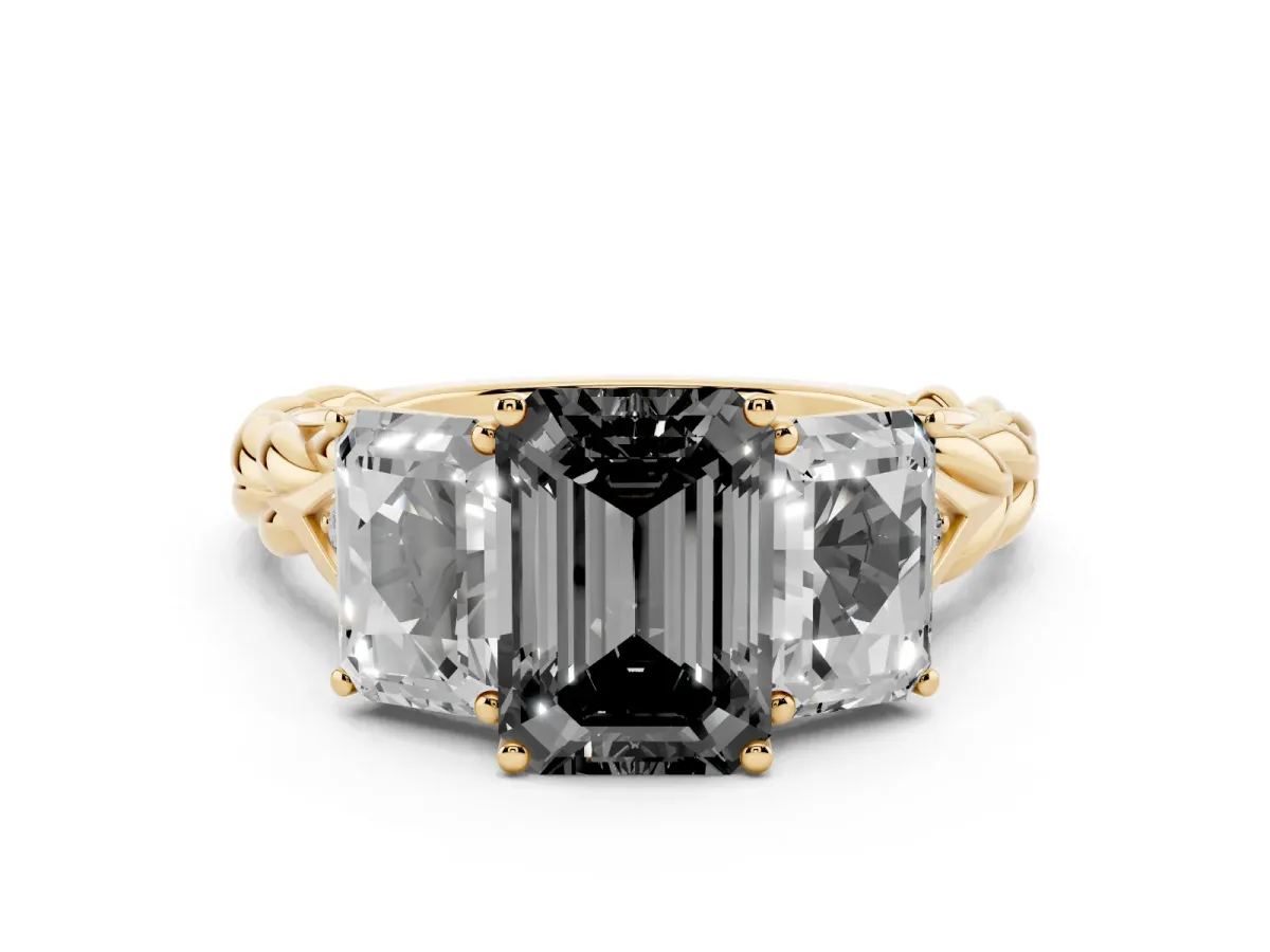 Fancy Black Three-Stone Emerald Cut Diamond Braided Band Ring with Four-Prong Setting Yellow gold