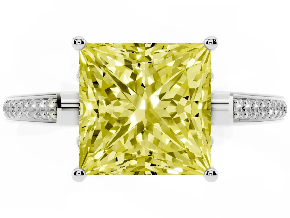 Fancy Yellow Princess Cut Cut Cathedral Pave Diamond Engagement Ring with Six-Prong Setting Silver