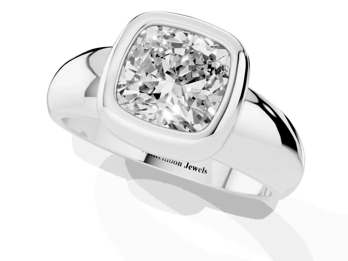 Bezel Set Cushion Cut Solitaire Ring with Wide Band White gold