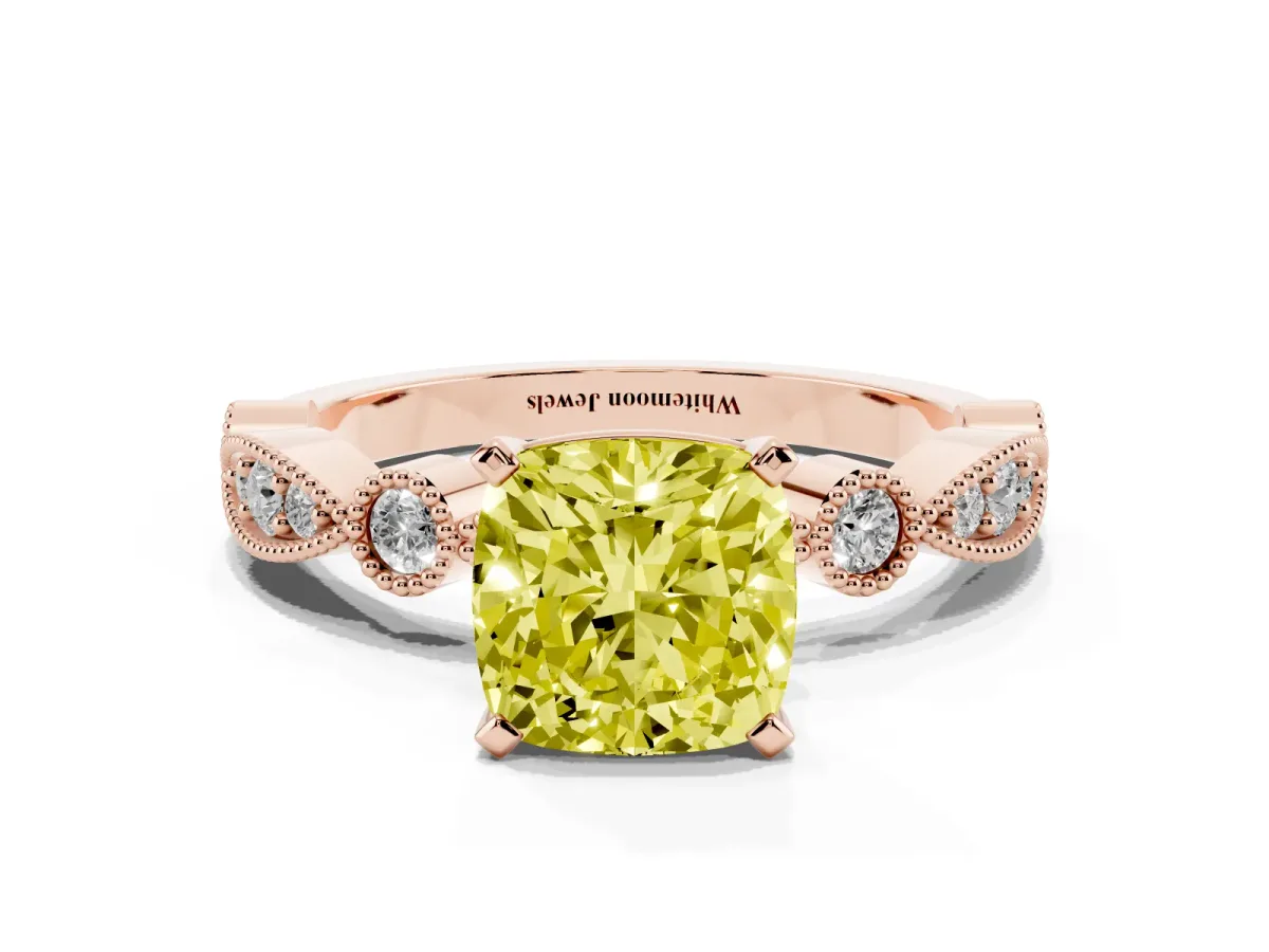 Fancy Yellow Cushion Cut Milgrain Bezel Diamond Engagement Ring with Solitaire Prong Setting Rose gold