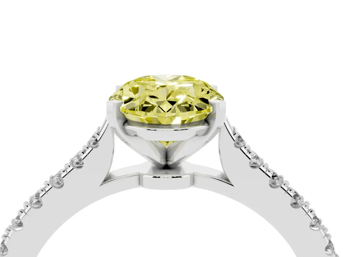 Fancy Yellow Oval Cut Cut Solitaire Diamond Engagement Ring with Pave Band and Four-Prong Setting Platinum