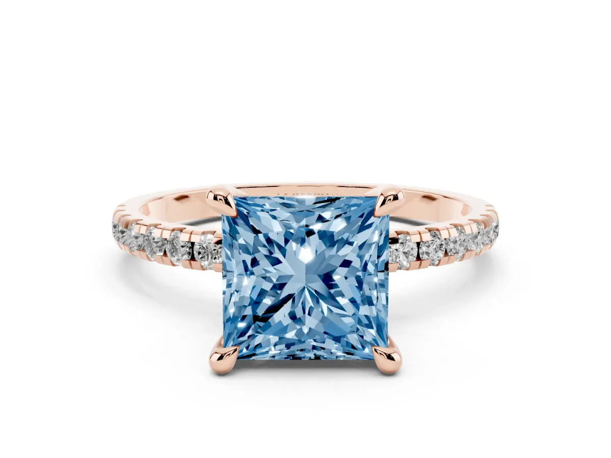 Fancy Blue Princess Cut Diamond Brilliant Solitaire Ring with Pavé Band and Four-Prong Setting Rose gold