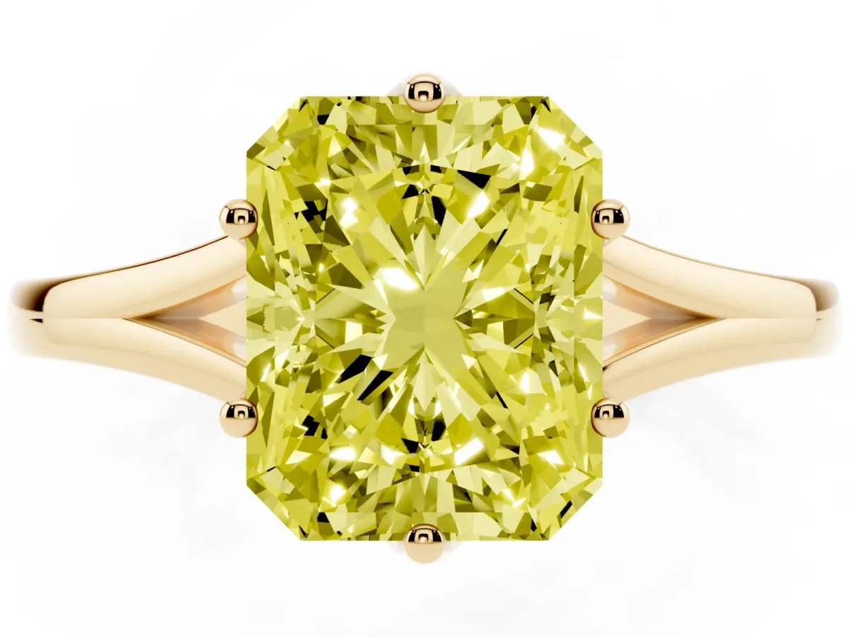 Fancy Yellow Radiant Cut Solitaire Diamond Ring with Six-Prong Setting and Tapered Band Yellow gold