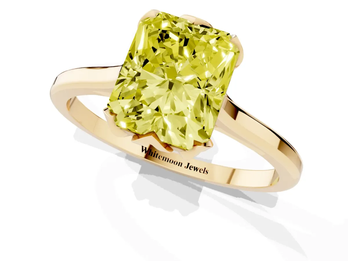 Fancy Yellow Radiant Cut Diamond Solitaire Ring with Flower Prong Setting and Classic Band Yellow gold