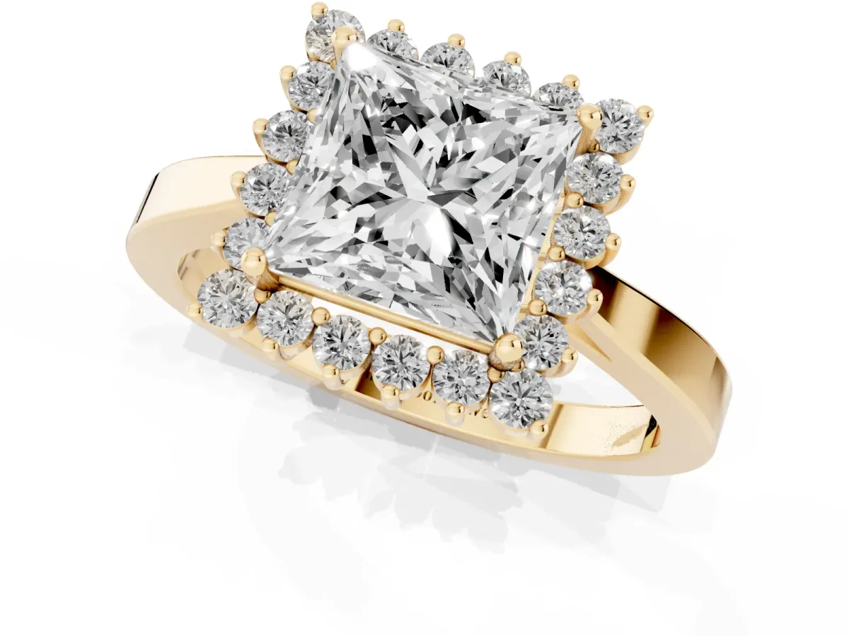 Princess Cut Cut Diamond Halo Ring with Round Brilliant Halo and Solitaire Band Yellow gold