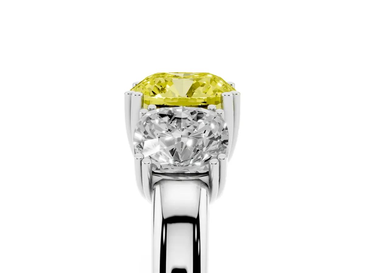 Fancy Yellow Three-Stone Cushion Cut Cut Diamond Ring with Channel Set Band and Four-Prong Setting Silver