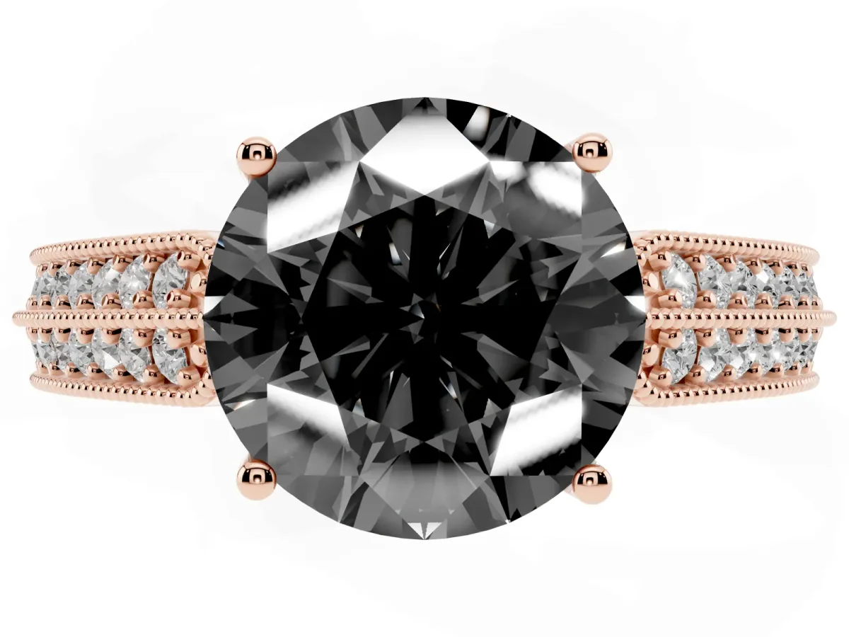Fancy Black Round Cut Cut Pave Split Shank Engagement Ring with Four-Prong Setting Rose gold