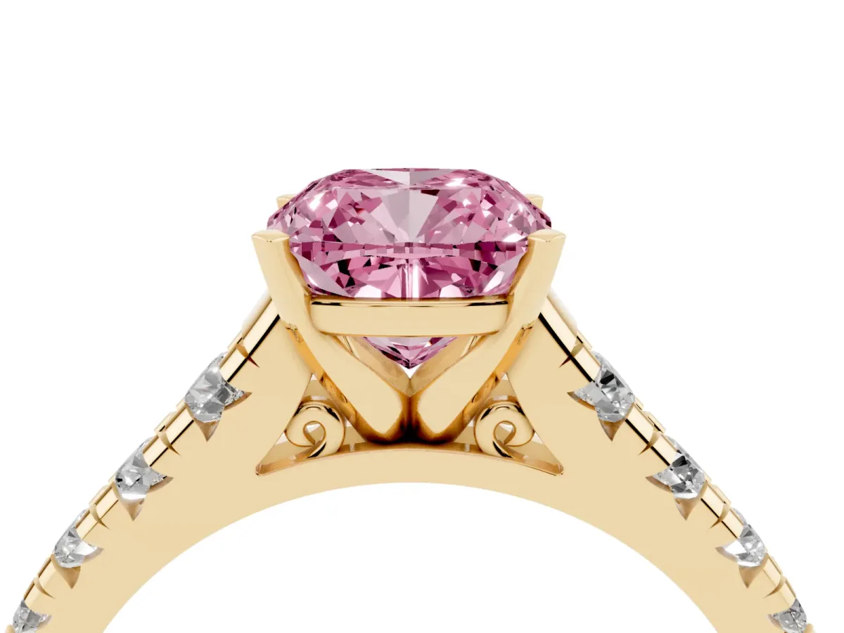Fancy Pink Cushion Cut Diamond Cathedral Solitaire Ring with Round Pavé Band Yellow gold