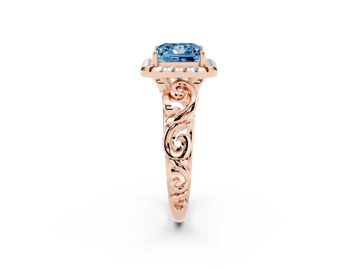 Fancy Blue Princess Cut Cut Halo Diamond Ring with Scrollwork Band and Four-Prong Setting Rose gold