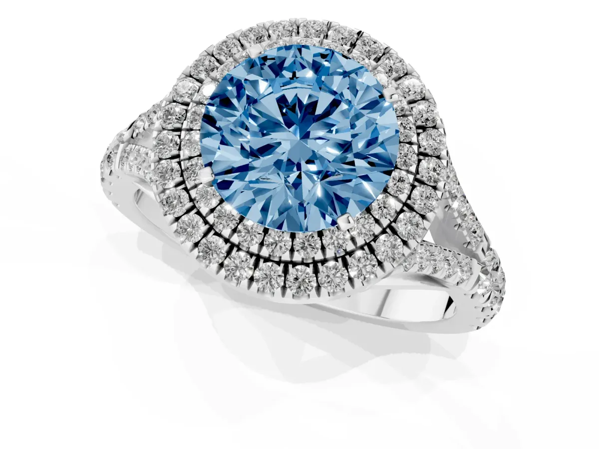 Fancy Blue Round Cut Diamond Pavé Split Shank Double Halo Engagement Ring Silver