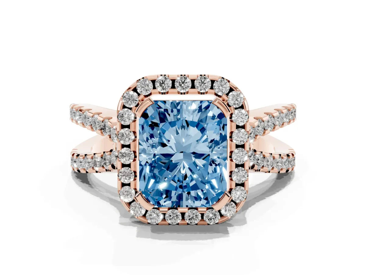 Fancy Blue Radiant Cut Diamond Halo Ring with Split Shank Pavé Band and Prong Setting Rose gold