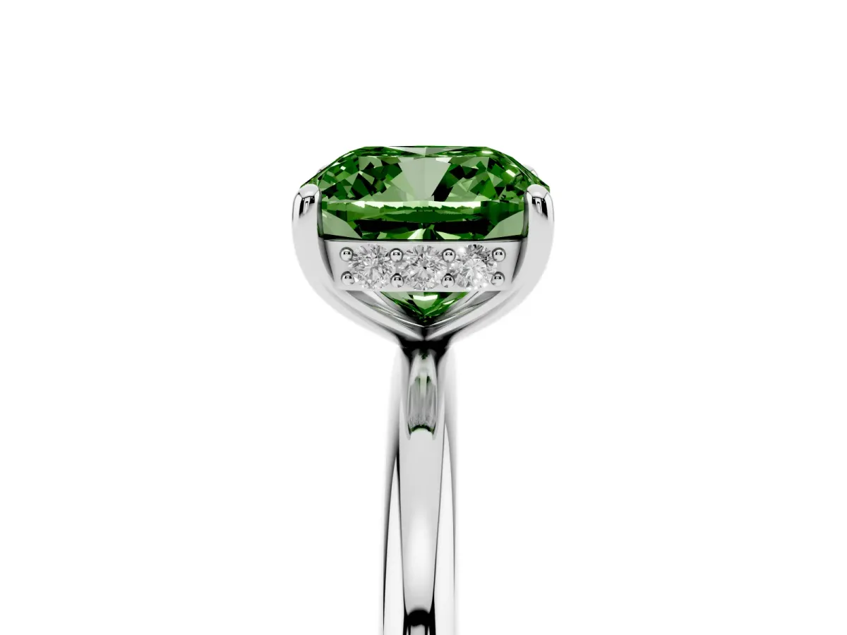 Fancy Green Cushion Cut Solitaire Diamond Ring with a Classic Band and Four-Prong Setting Silver