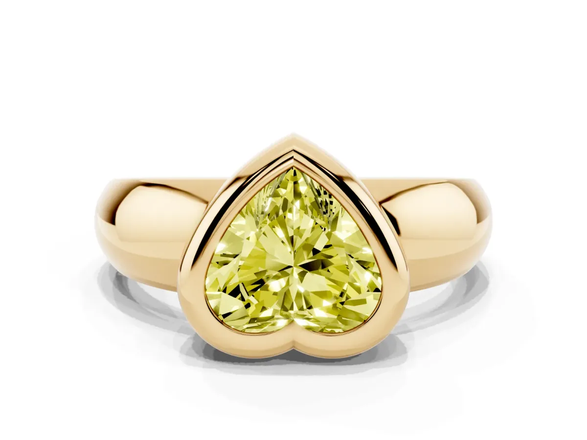 Fancy Yellow Bezel Set Heart Cut Solitaire Ring with Wide Band Yellow gold