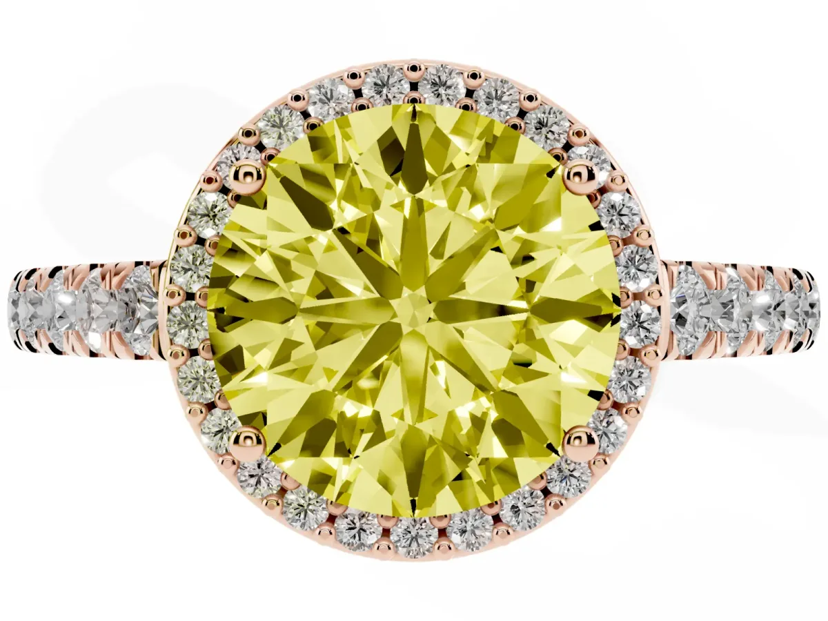 Fancy Yellow Round Cut Cut Halo Diamond Engagement Ring with Pave Band and Four-Prong Setting Rose gold