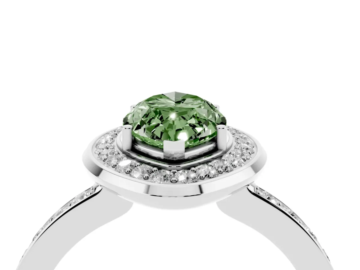Fancy Green Marquise Cut Diamond Halo Ring with Bezel Frame and Pavé Band Silver