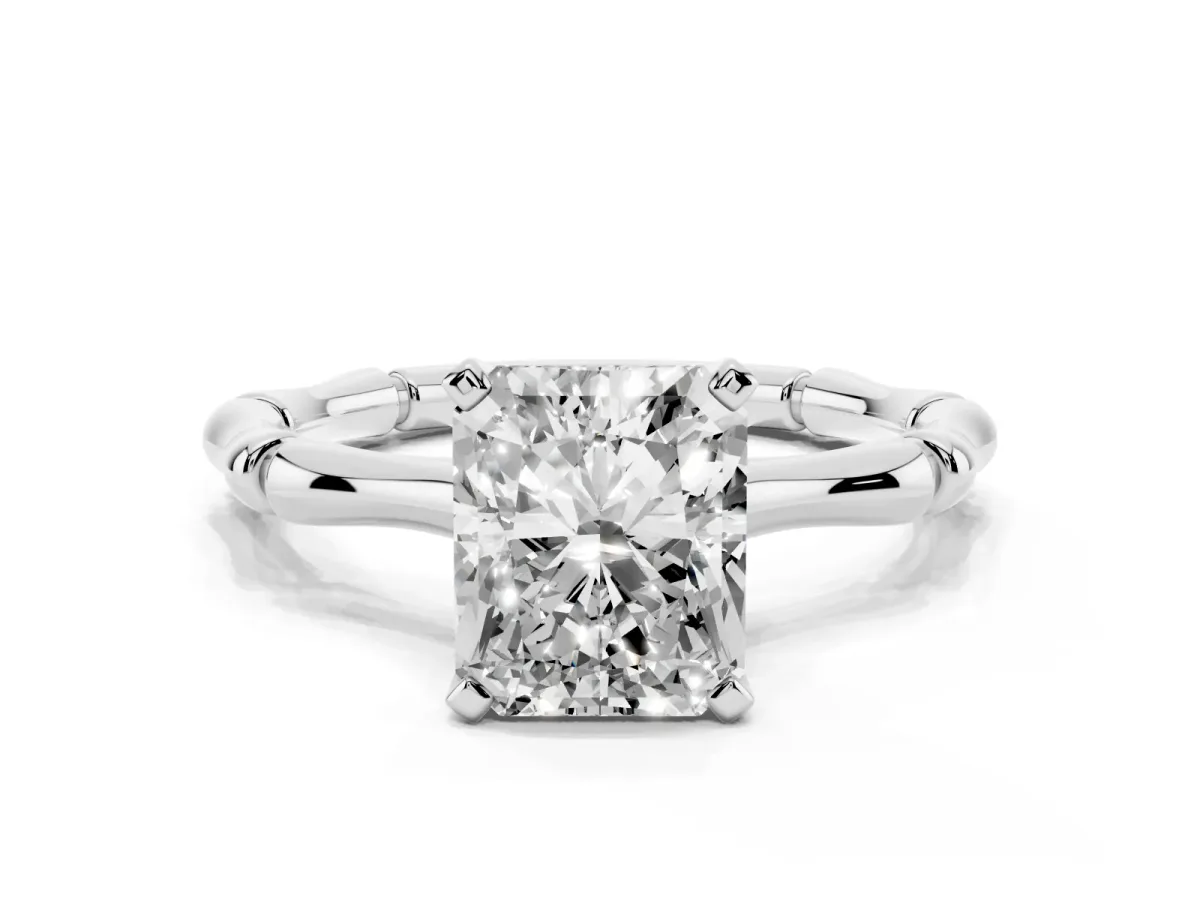Radiant Cut Solitaire Diamond Ring with Bamboo Band and Four-Prong Setting Silver