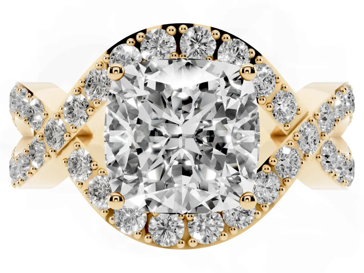 Cushion Cut Solitaire Twist Band Pavé Diamond Engagement Ring Yellow gold