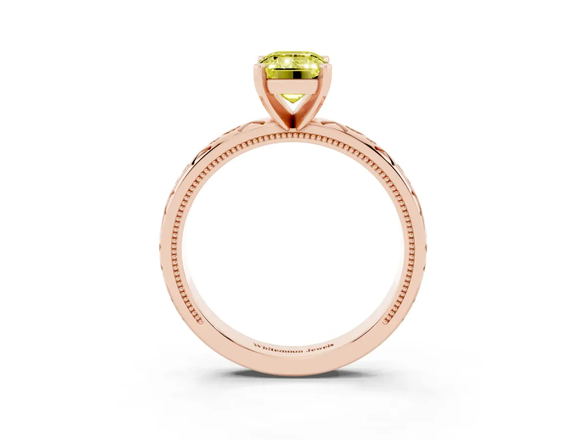 Fancy Yellow Emerald Cut Solitaire Engagement Ring with Scrollwork Band and Four-Prong Setting Rose gold
