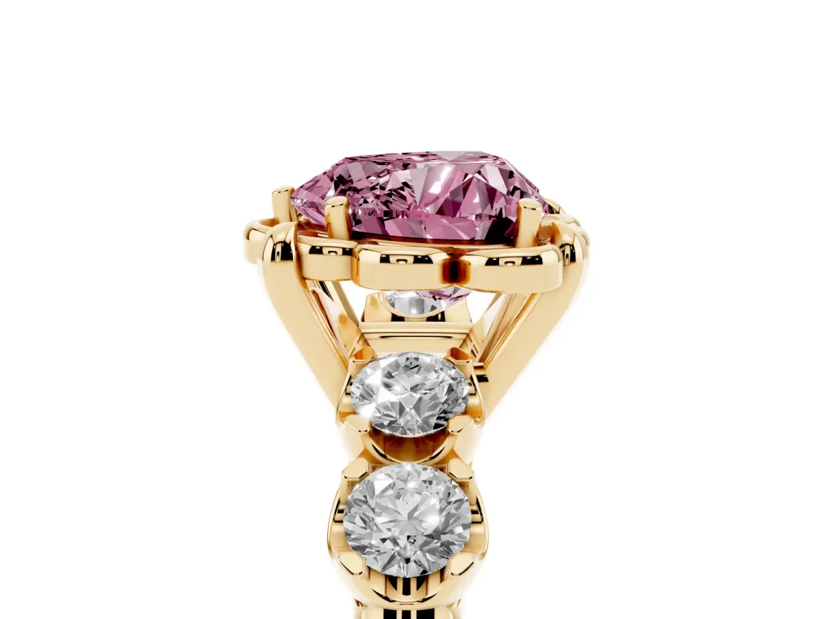 Fancy Pink Heart Cut Cut Diamond Floral Halo Engagement Ring with Shared Prong Setting Yellow gold