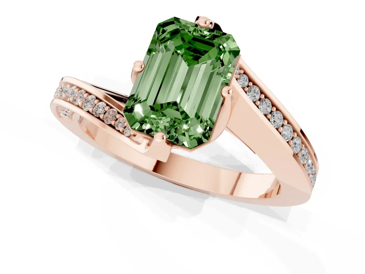 Fancy Green Emerald Cut Solitaire Diamond Twist Band with Pavé Setting and Four-Prong Setting Rose gold