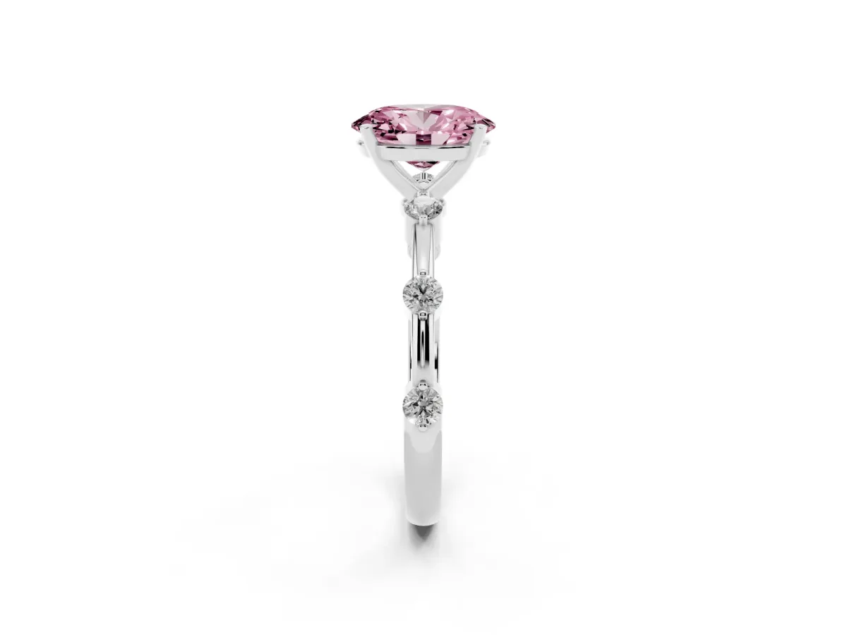 Fancy Pink Oval Cut Solitaire Diamond Ring with Bezel Set Side Stones and Prong Setting Silver
