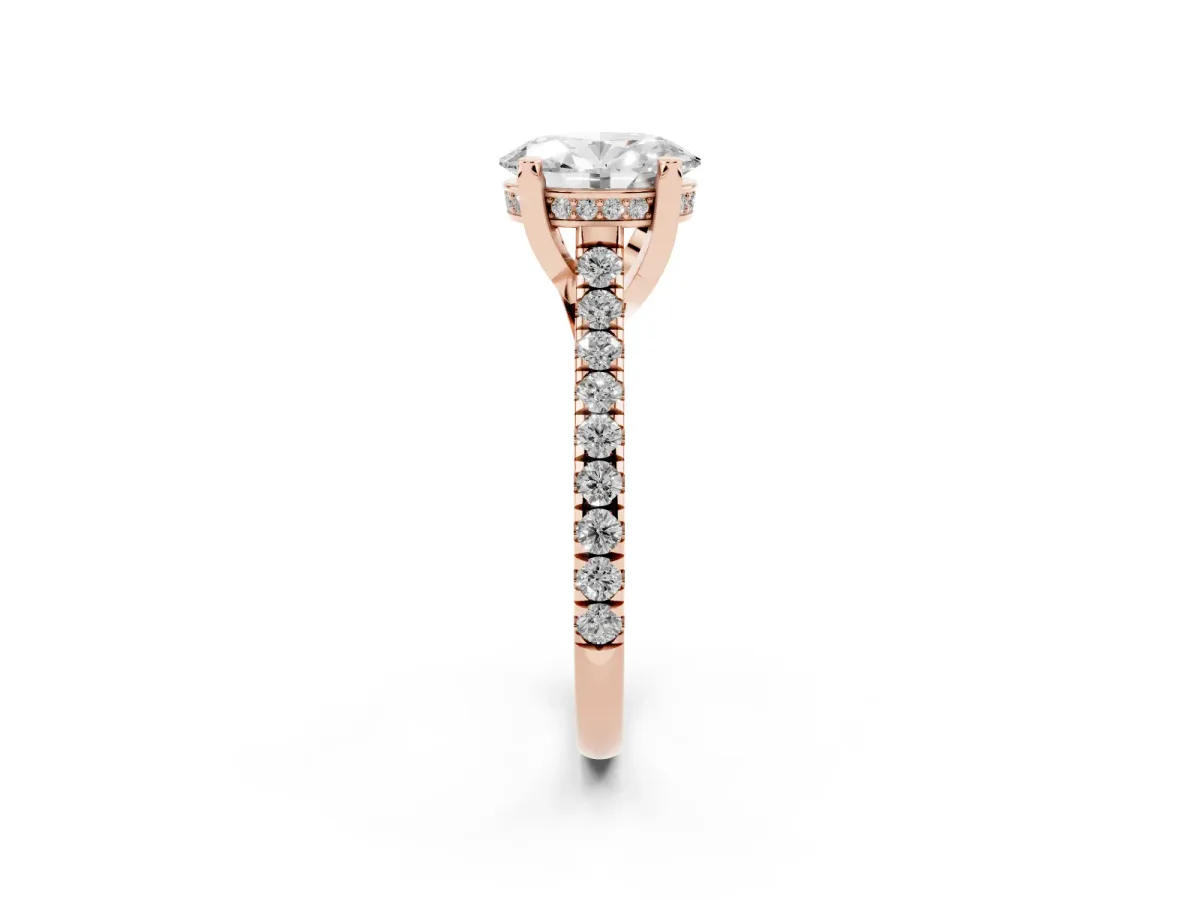 Oval Cut Brilliant Diamond Solitaire with Pavé Band and Four-Prong Setting Rose gold