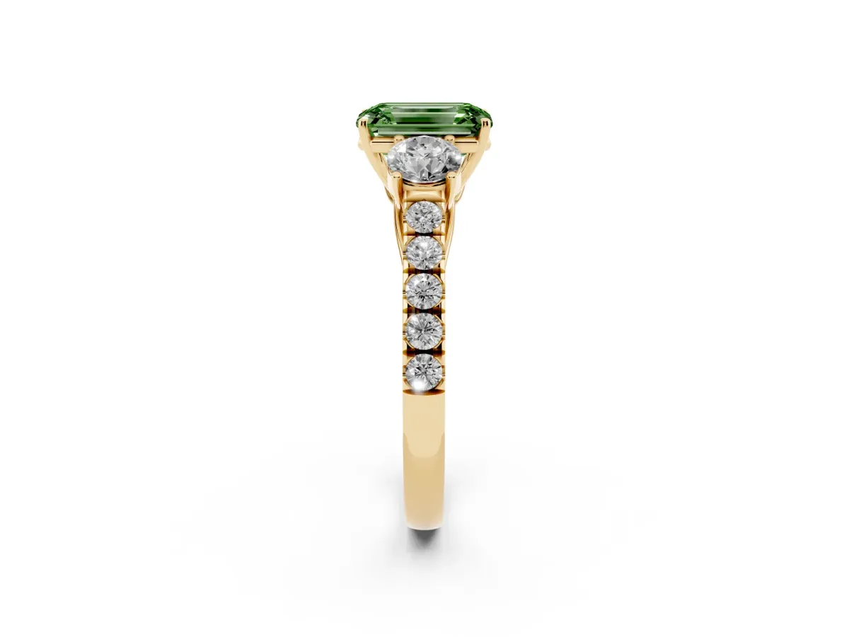 Fancy Green Emerald Cut Cut Diamond Three-Stone Ring with Round Side Stones and Pavé Band Yellow gold