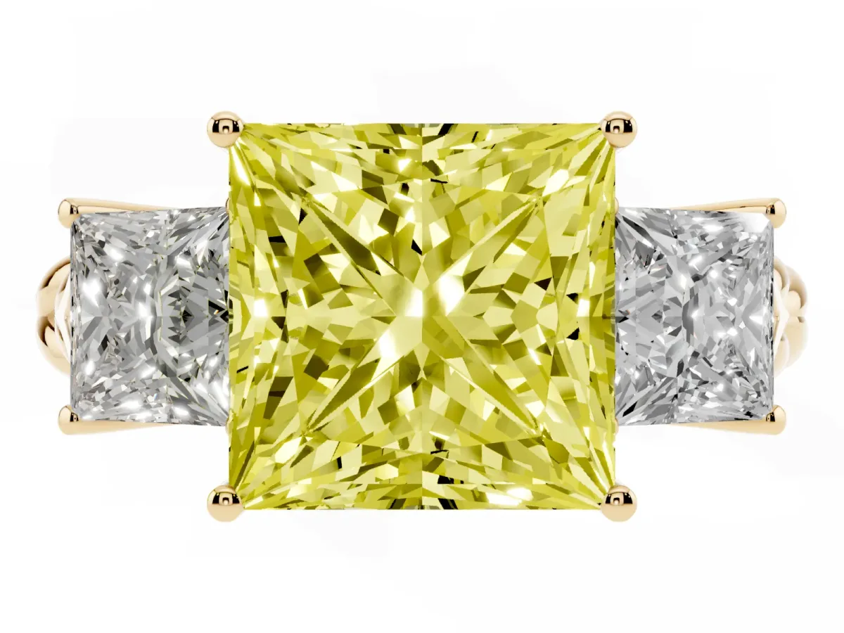 Fancy Yellow Three-Stone Princess Cut Diamond Braided Band Ring with Four-Prong Setting Yellow gold