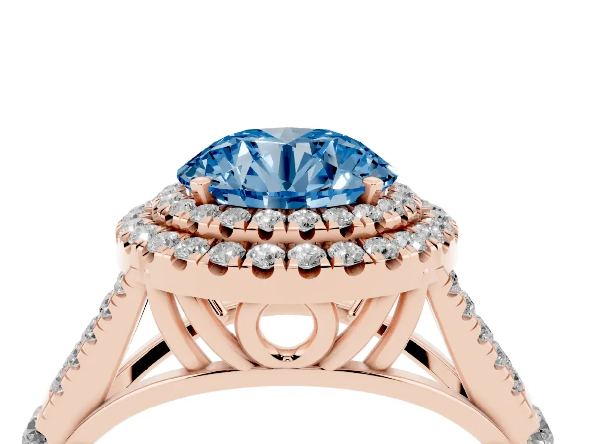 Fancy Blue Double Halo Round Cut Diamond Split Shank Engagement Ring with Four-Prong Setting Rose gold