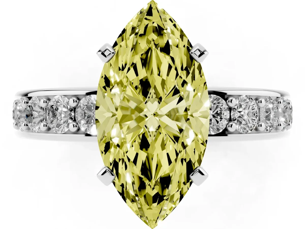 Fancy Yellow Marquise Cut Diamond Engagement Ring with Channel Set Round Band and Prong Setting White gold