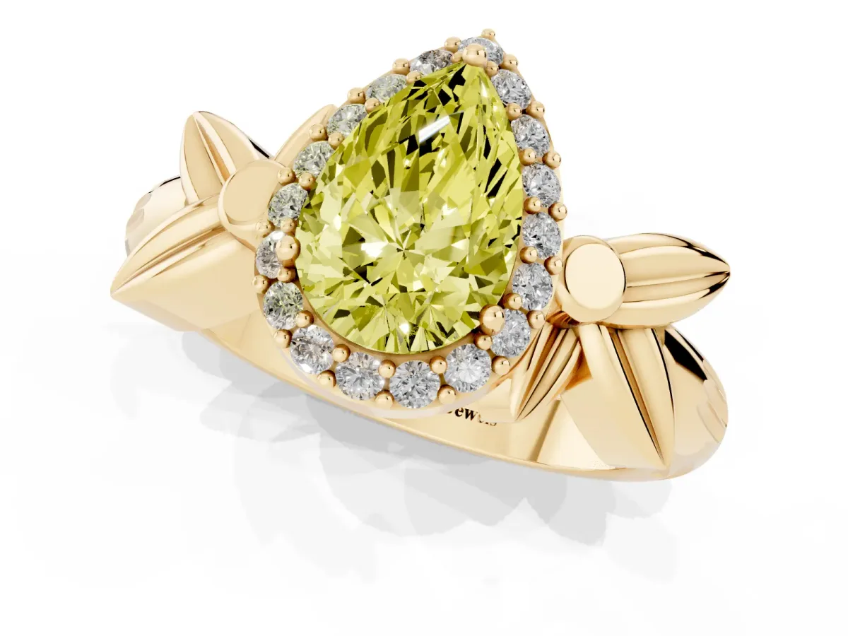 Fancy Yellow Pear Cut Halo Diamond Floral Band with Four-Prong Setting Yellow gold