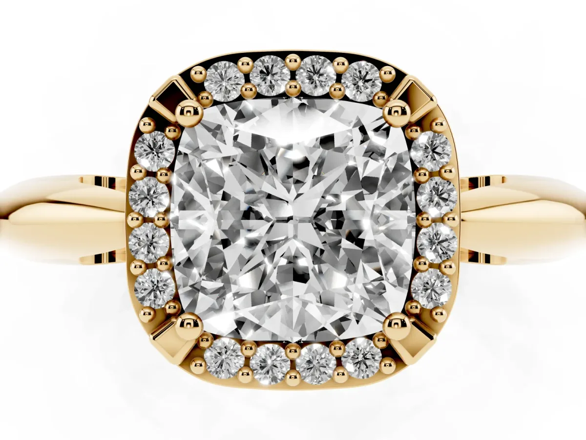 Cushion Cut Cut Diamond Halo Engagement Ring with Split Shank and Four-Prong Setting Yellow gold