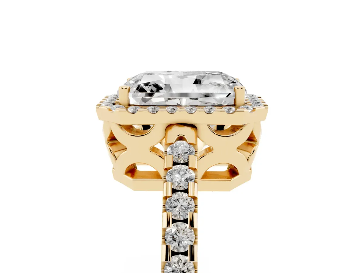 Radiant Cut Diamond Halo Engagement Ring with Pavé Band and Prong Setting Yellow gold
