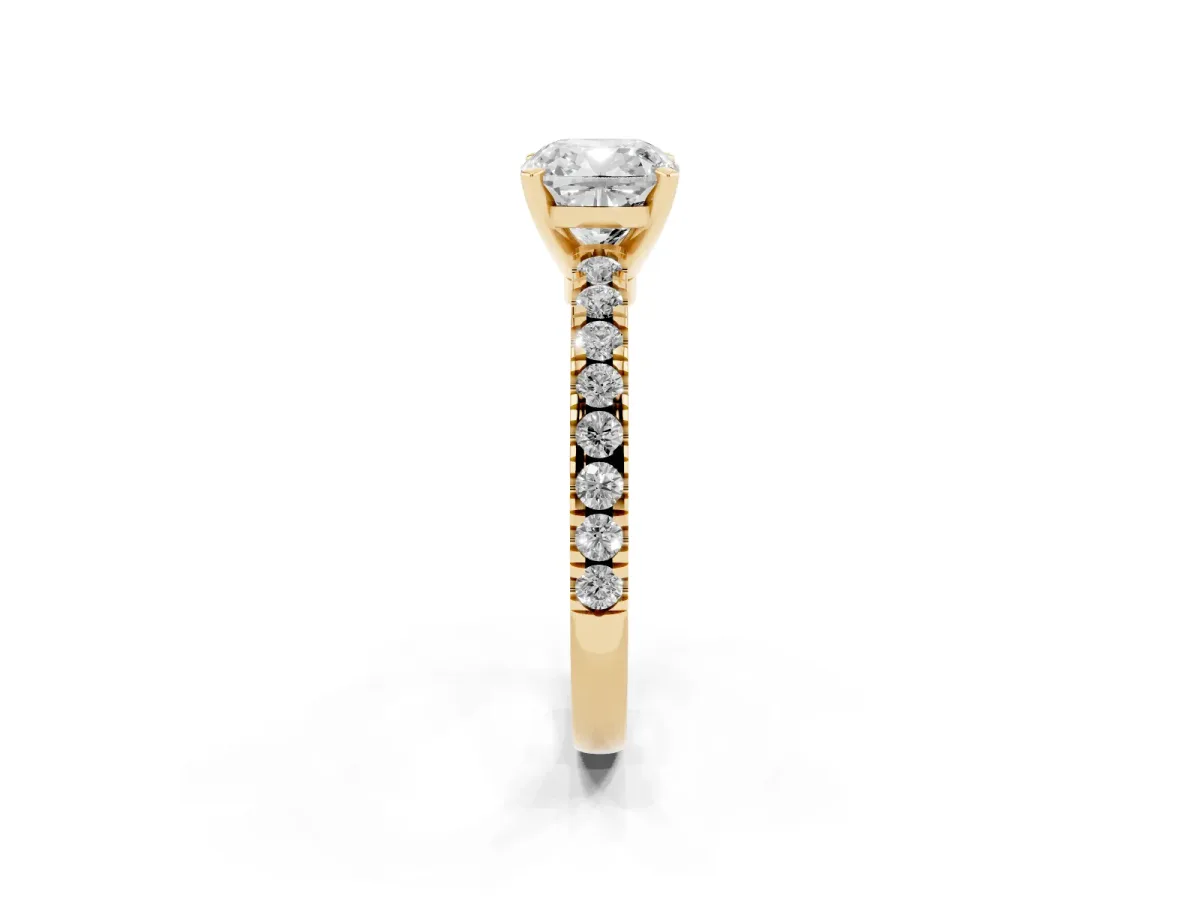 Cushion Cut Solitaire Diamond with Pavé Band and Four-Prong Setting Yellow gold