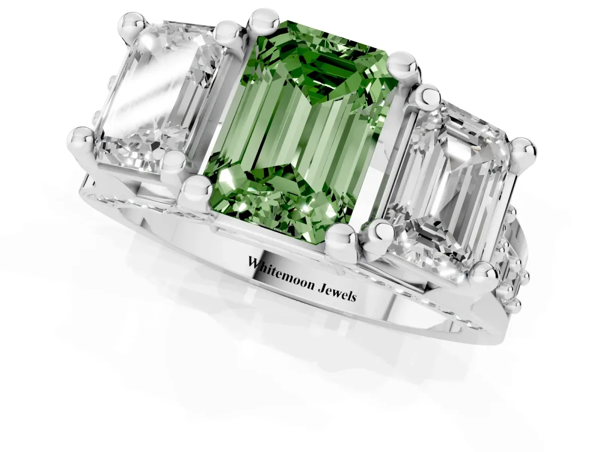 Fancy Green Emerald Cut Diamond Three-Stone Ring with Channel Set Band and Four-Prong Setting Platinum