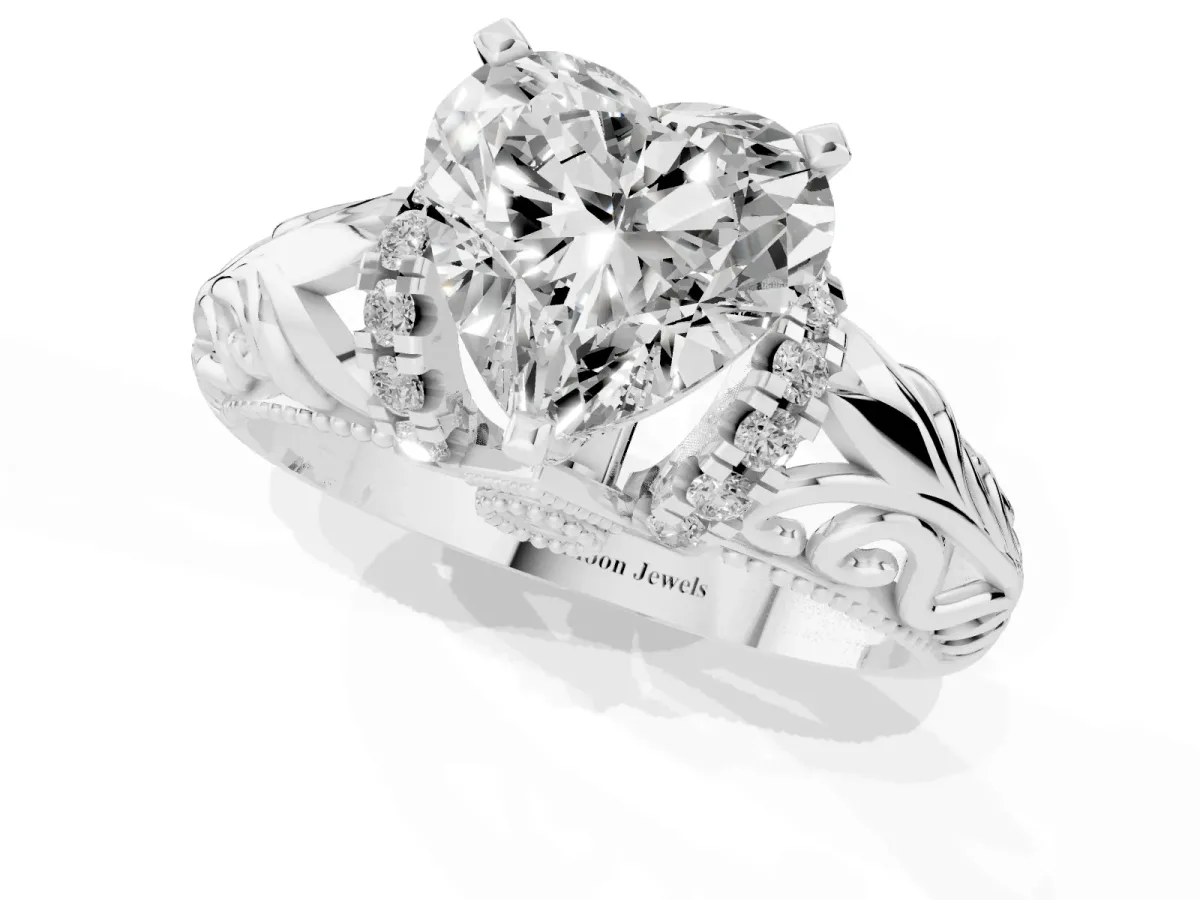 Heart Cut Solitaire Filigree Engagement Ring with Halo and Prong Setting Platinum