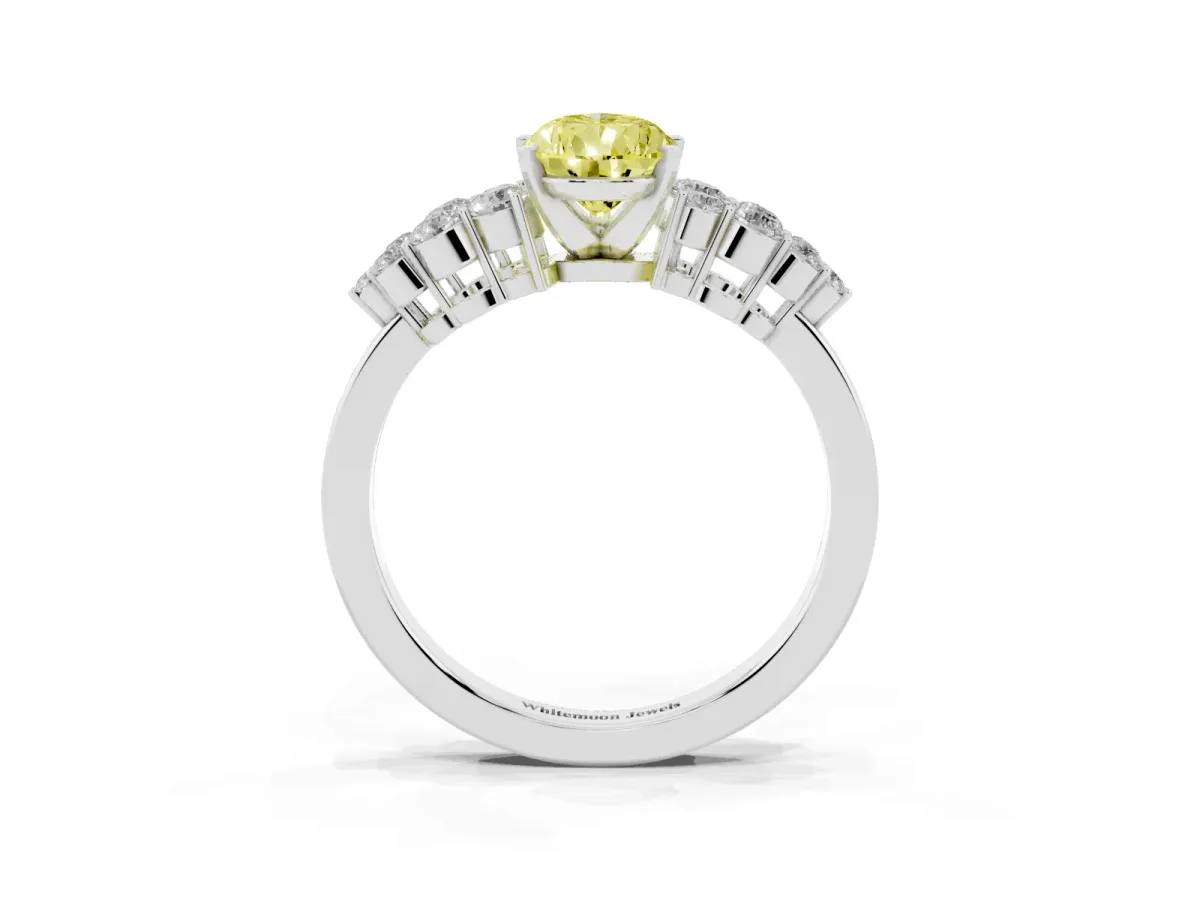 Fancy Yellow Pear Cut Cluster Diamond Engagement Ring with Pavé Band and Four-Prong Setting Platinum