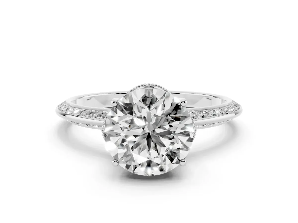 Round Cut Solitaire Split Shank Pave Diamond Engagement Ring with Four-Prong Setting Silver