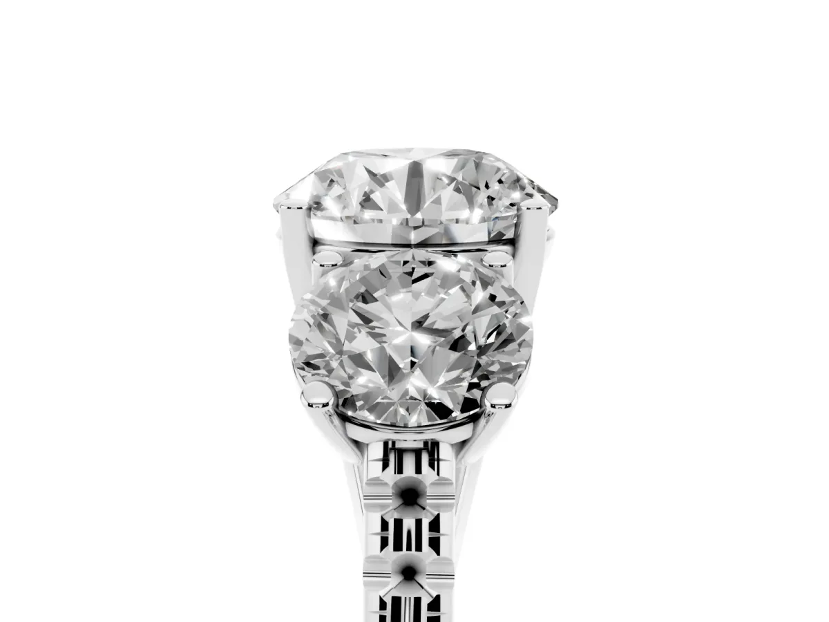 Three-Stone Round Cut Diamond Ring with Round Pavé Band and Prong Setting Silver