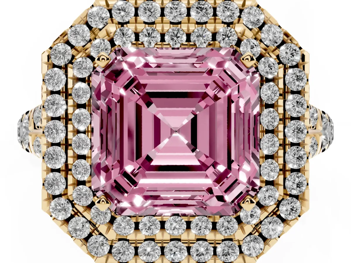 Fancy Pink Asscher Cut Diamond Pavé Split Shank Double Halo Engagement Ring Yellow gold