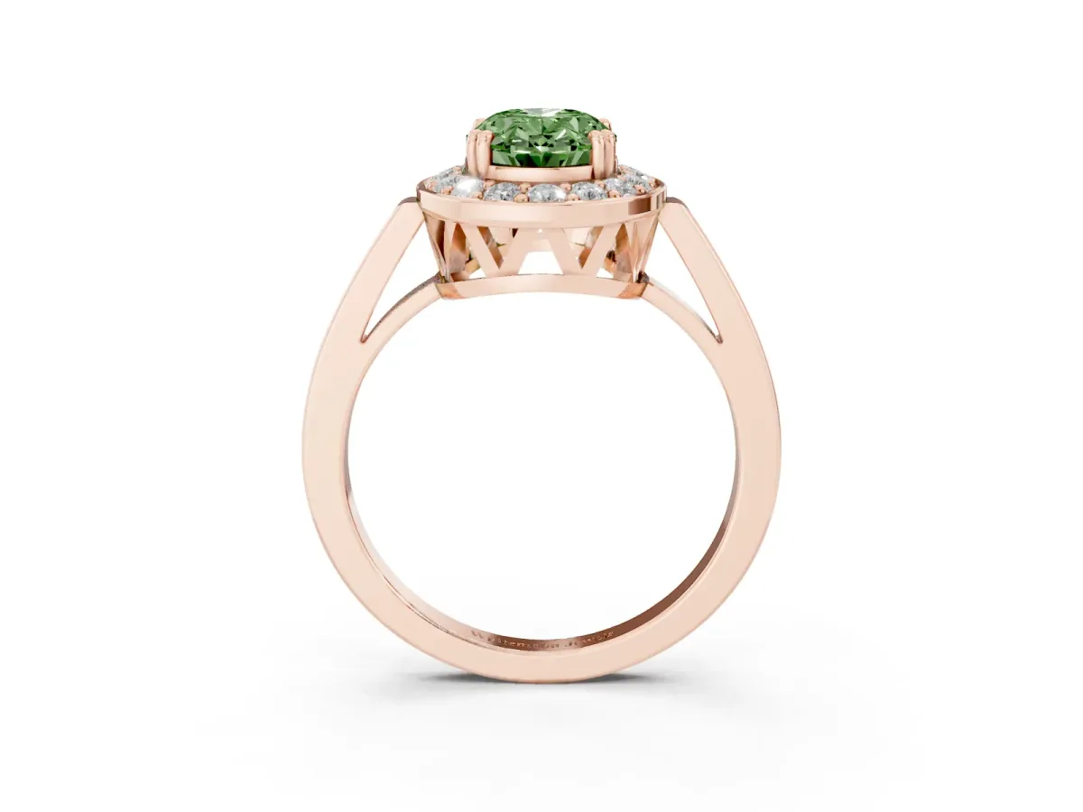 Fancy Green Oval Cut Diamond Halo Ring with Split Shank and Four-Prong Setting Rose gold