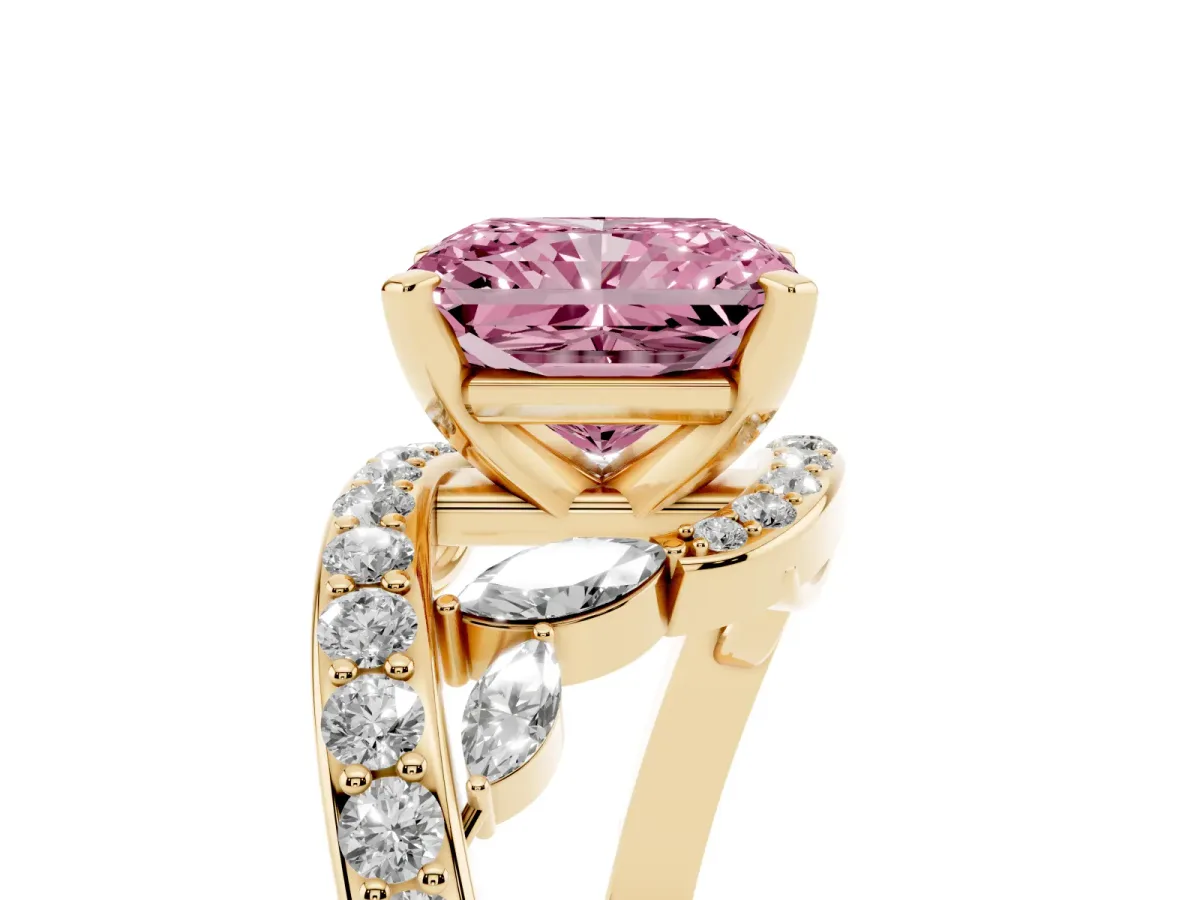 Fancy Pink Radiant Cut Solitaire with Pavé Twist Band and Four-Prong Setting Yellow gold