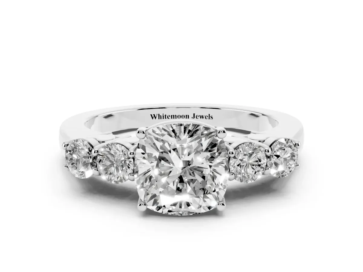 Cushion Cut Cut Diamond Five-Stone Prong Set White Gold Ring Platinum
